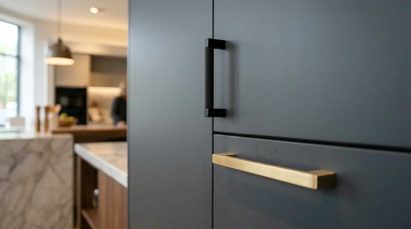 A modern, minimalist grey kitchen cabinet display featuring matte black and brushed gold cabinet handles in a high-end showroom.