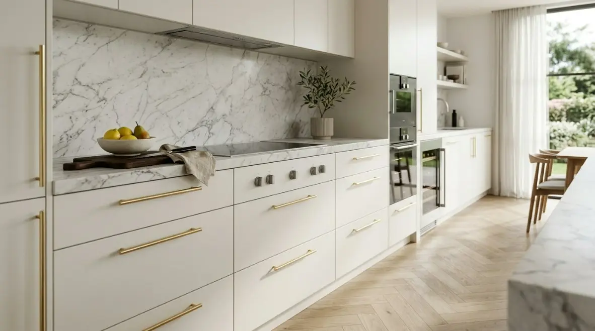 High-end luxury kitchen featuring gold cabinet handles on ivory white drawers, soft ambient lighting, and minimalist modern design.