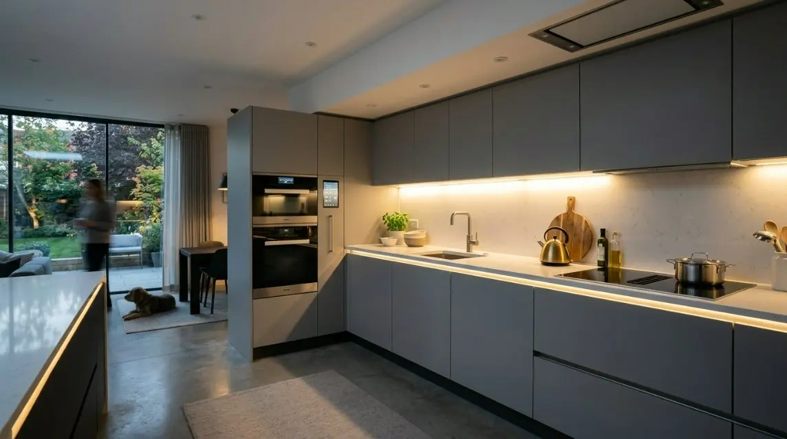 A modern, minimalist kitchen featuring sleek gray cabinets with integrated LED lighting and high-tech smart appliances.