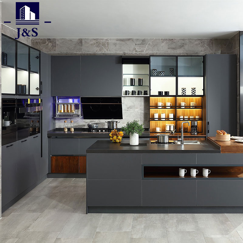 Overhed Grey tanpa pemegang Kabinet Dapur Terbina dalam